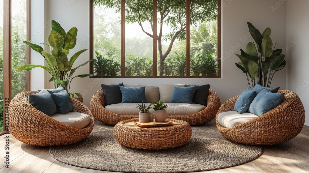 Rattan Patio Furniture Set with Sofa, Armchair, and Coffee Table Arranged Around a Small Tree and Cushions Rattan Patio Furniture Set with Sofa, Armchair, and Coffee Table Arranged Around a Small Tree and Cushions