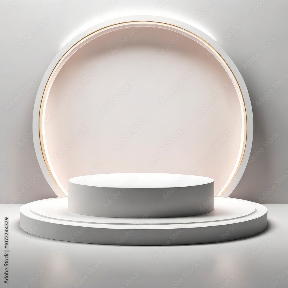 Realistic white 3D round podium background with wood top, Green palm leaf scene. Minimalist 3D mockup abstract cosmetic product display presentation, Stage showcase. Platforms vector geometric design.