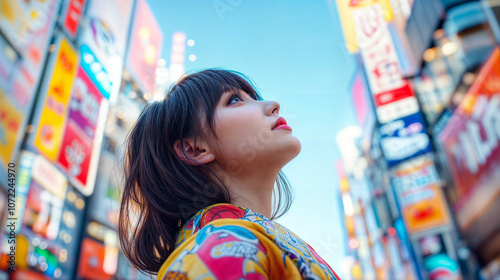 Stylish Woman in Tokyo's Akihabara District Surrounded by Neon Signs
