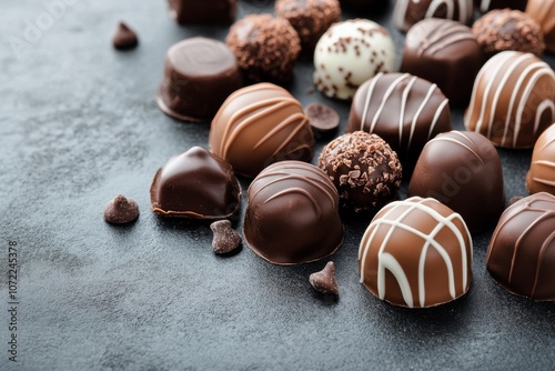 An assortment of decadent chocolate truffles displayed on a dark slate background, showcasing their rich, indulgent texture and variety of flavors.