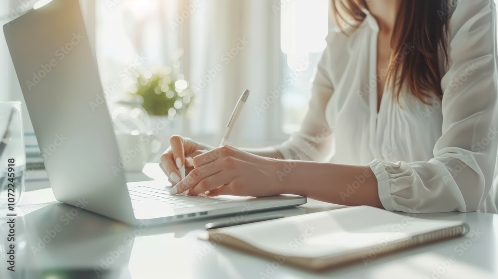 A woman writing notes while working on a laptop in a bright, airy workspace, surrounded by natural light. A woman writing notes while working on a laptop in a bright, airy workspace, surrounded by natural light.