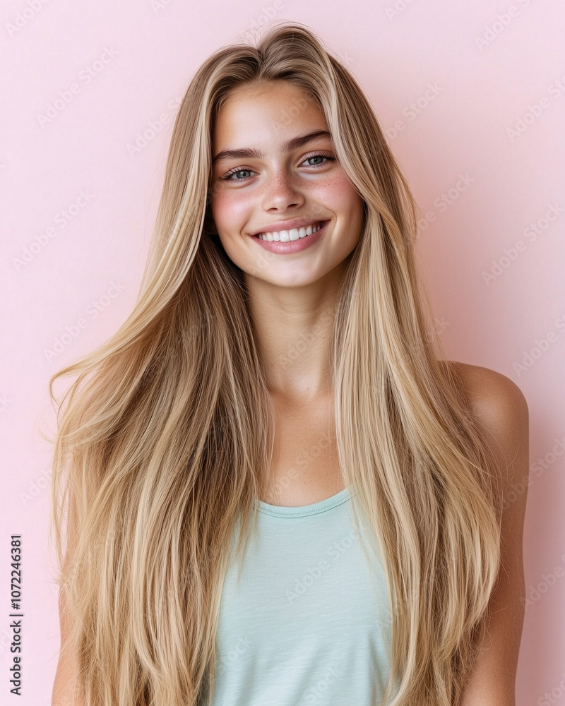 Fototapeta premium Young Woman with Long, Groomed Blonde Hair on Pastel Background