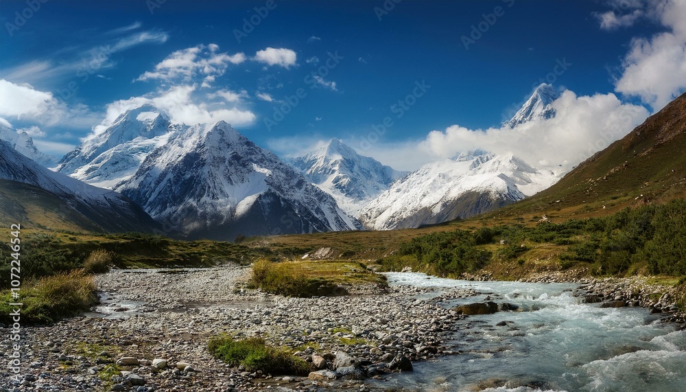 Reflections of towering mountains dance on the water's surface.  