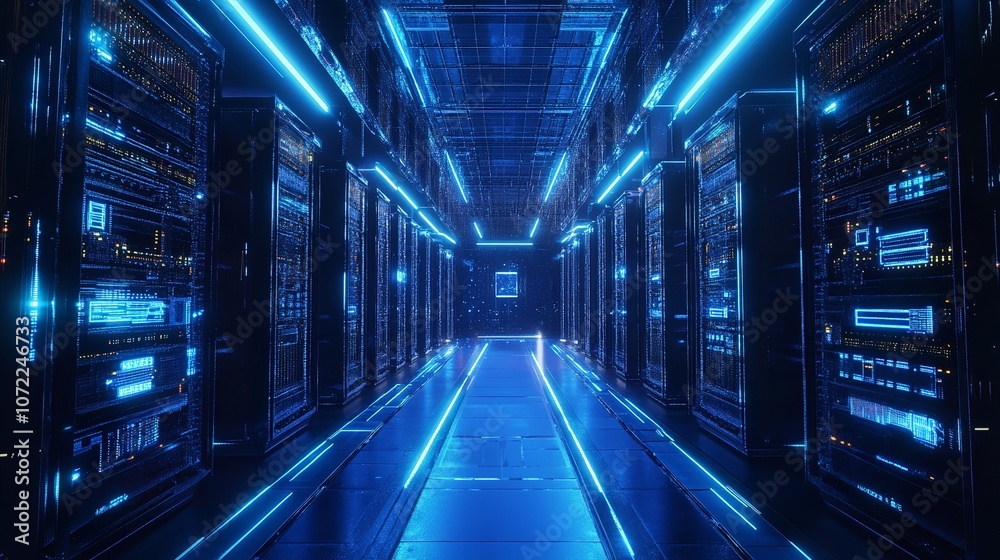 Fototapeta premium Tranquil Server blue room. Cloud ai centre. Generate Ai