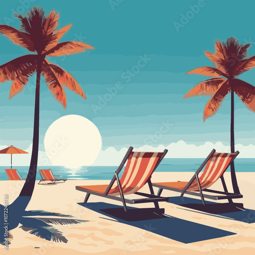 Summer vacation loungers on sea beach landscape beautiful seascape banner seaside holiday vector illustration. Summer vacation on a sandy beach. Happy hot vacation. Vector illustration.	