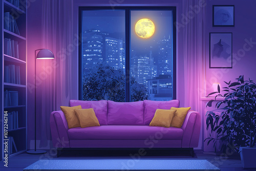 Modern living room interior showing night cityscape through window under full moon