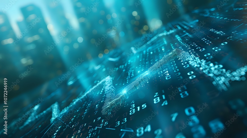 Obraz premium Abstract financial data visualization with glowing graphs and numbers in deep blue tones, ideal for business technology and investment marketing concepts.