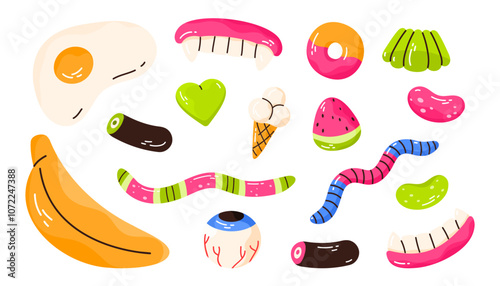 Collection of gummy candies. Set of fruity chewy jelly candy with different shapes. Tasty gelatin snacks. Sugary treat. Vector illustration in cartoon style. Isolated white background