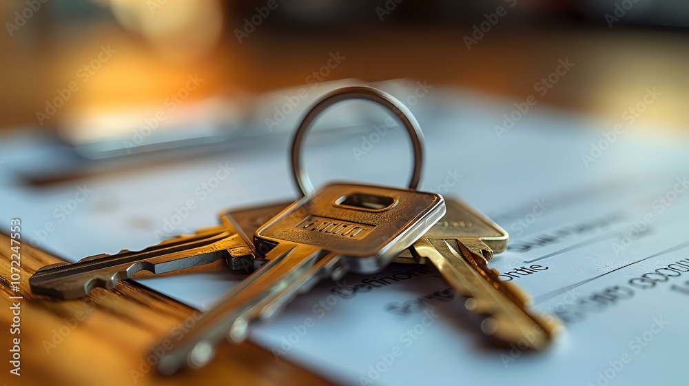 Set of golden house keys resting on paper document with shallow depth of field, perfect for real estate, property management, and home ownership marketing materials. Set of golden house keys resting on paper document with shallow depth of field, perfect for real estate, property management, and home ownership marketing materials.