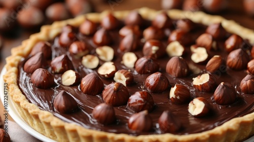 Close-up of Chocolate Tart Topped with Hazelnuts