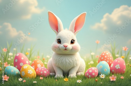 Lovely bunny easter fluffy baby rabbit with a basket full of colorful flowers and easter eggs on green garden nature background on warming spring day. Symbol of easter day festival. Rabbit in summer.