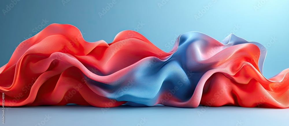 Abstract red and blue wavy fabric on blue background.