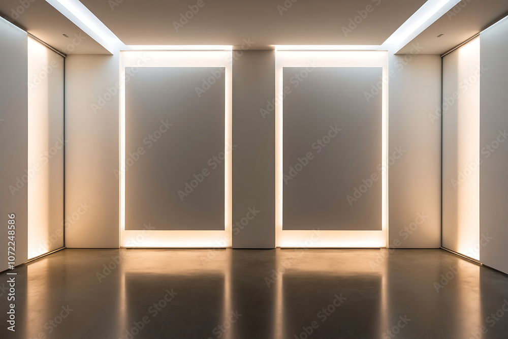Modern exhibition room with two blank vertical posters on illuminated wall. Modern exhibition room with two blank vertical posters on illuminated wall.