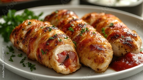 Sliced Chicken Cordon Bleu on a White Plate, Isolated Against a Clean White Background