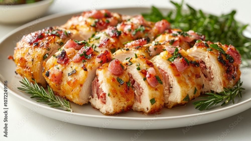 Sliced Chicken Cordon Bleu on a White Plate, Isolated Against a Clean White Background Sliced Chicken Cordon Bleu on a White Plate, Isolated Against a Clean White Background