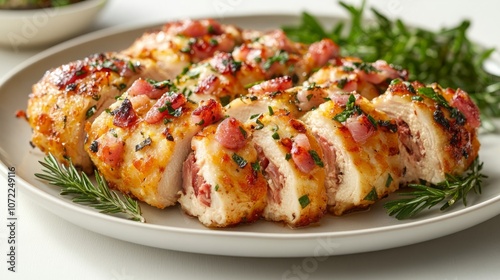 Sliced Chicken Cordon Bleu on a White Plate, Isolated Against a Clean White Background