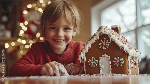 A happy little girl smiles proudly next to her gingerbread house.