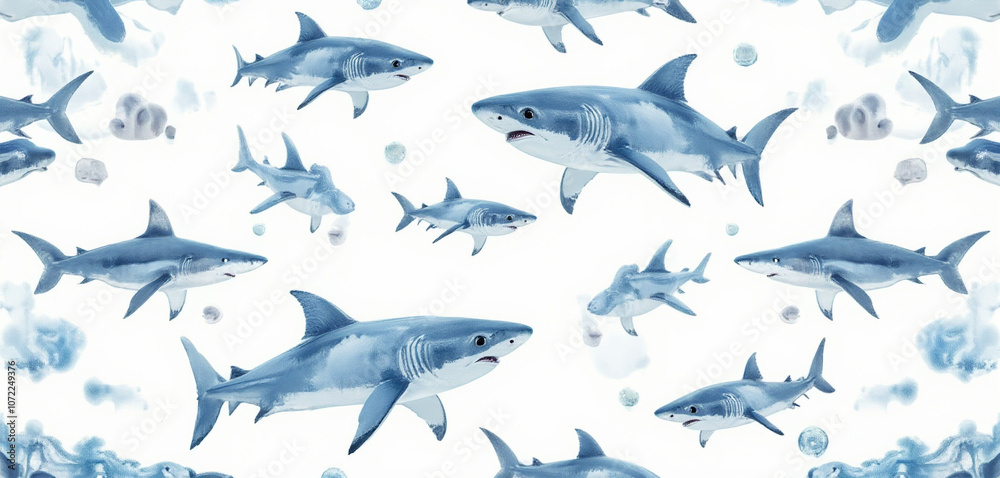 Obraz premium Watercolor sharks in a vibrant marine-themed pattern