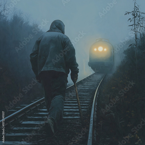 In the early morning fog, a railway worker carefully inspects the train tracks, his tattered jacket indicating years in the field while tools ready in hand await the approaching train