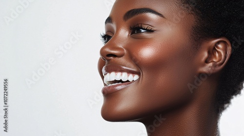 Side View Portrait of a Smiling Woman with Dark Skin and Shiny Teeth, Highlighting Natural Beauty and Radiance