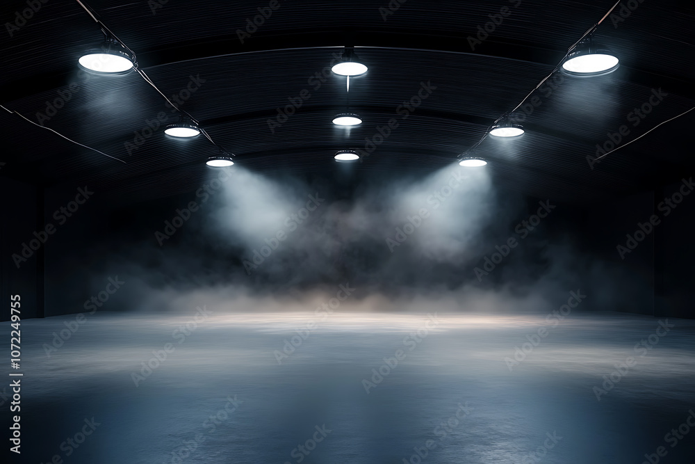 Fototapeta premium Perspective view dark smokey garage interior with spotlight and concrete floor, car background and empty stage concept. 3D Rendering, mockup