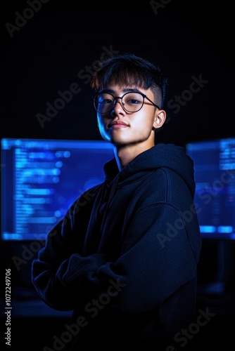 A young individual wearing glasses and a hoodie stands confidently in front of two screens displaying blue coding data, set against a dark background.