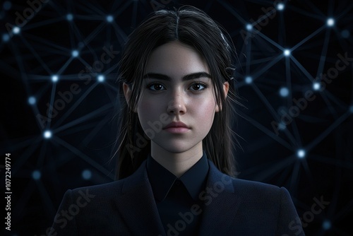 A close-up of a realistic digital woman against a dark, connected network background, showcasing advanced technology and human-like features.