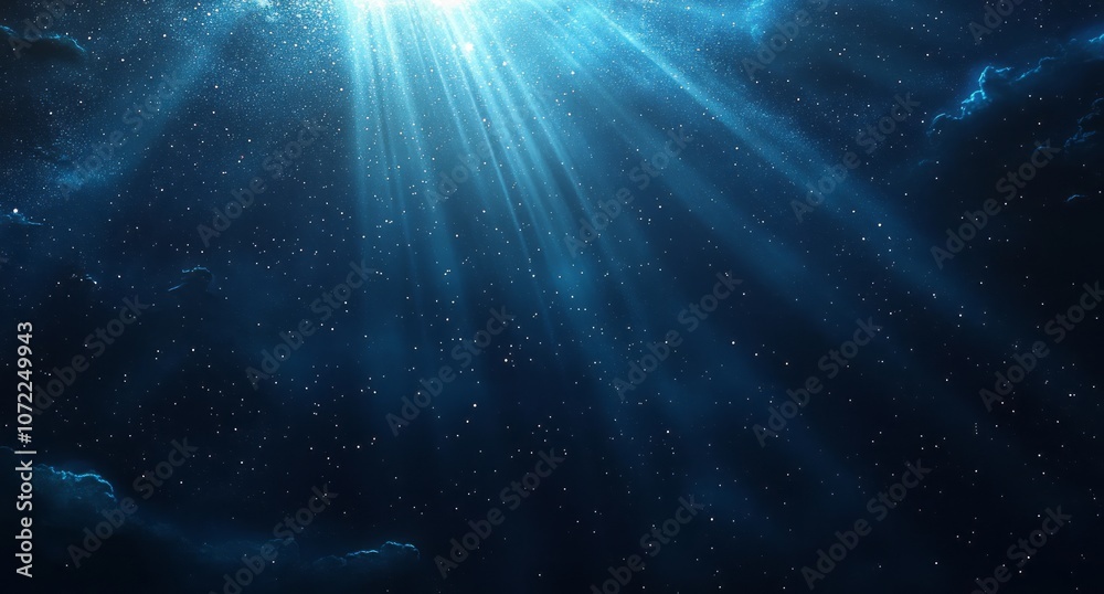 A Night Sky with Light Beams Shining Down Through Scattered Clouds and Stars A Night Sky with Light Beams Shining Down Through Scattered Clouds and Stars