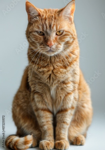 A ginger cat is sitting on a white table staring at the camera