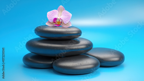 A serene arrangement of smooth black stones topped with a vibrant orchid flower, creating a calm and tranquil spa-like atmosphere.