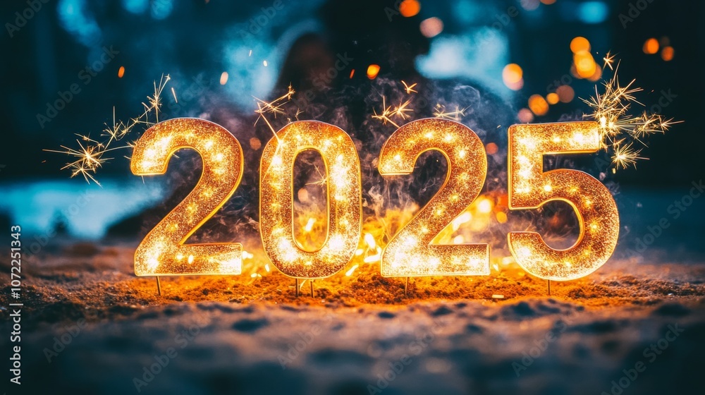 Shining golden numbers 2025 with sparklers on snow, creating a festive winter evening atmosphere. Shining golden numbers 2025 with sparklers on snow, creating a festive winter evening atmosphere.