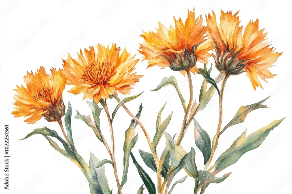Hand-drawn Safflower Plant Watercolor Illustration in Yellow and Orange Tones