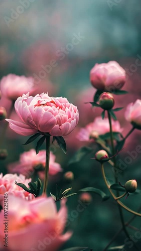Close-up of blooming pink peonies in a garden during spring, vibrant and serene atmosphere. Nature beauty and floral concept