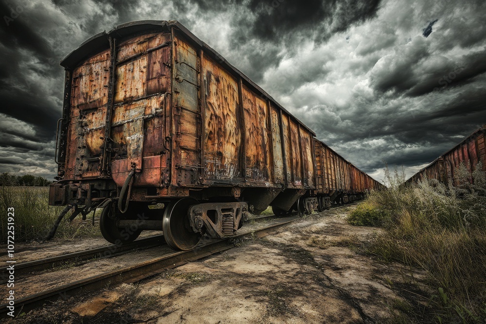 Expansive Yard with Freight Cars Under Cloudy Sky Expansive Yard with Freight Cars Under Cloudy Sky