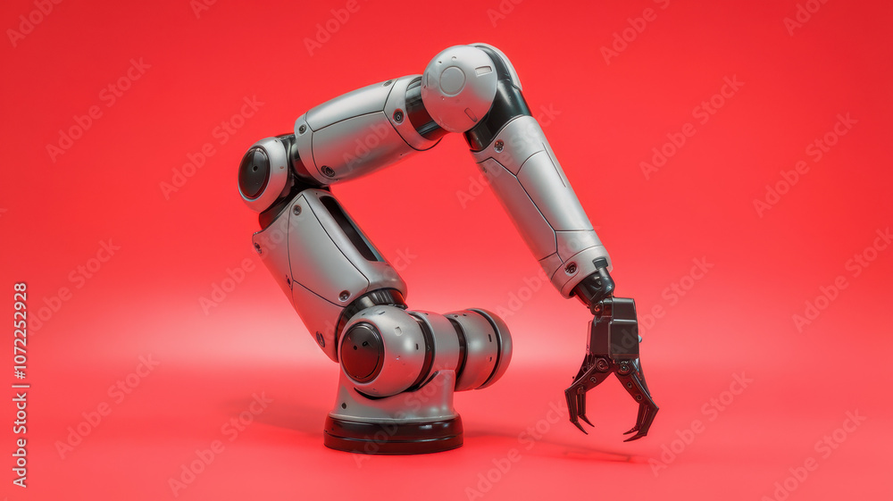 A sleek, modern robotic arm on a vibrant red background, showcasing its precise grip and advanced design in a futuristic setting. A sleek, modern robotic arm on a vibrant red background, showcasing its precise grip and advanced design in a futuristic setting.