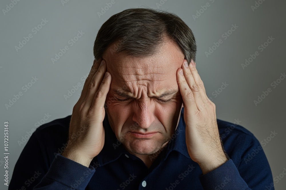 Middle-aged Man with Headache in a Dimly Lit Room, Expressing Painful Discomfort and Stress
