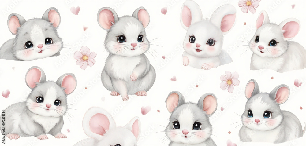 Obraz premium Adorable mice in a whimsical watercolor animal-themed pattern
