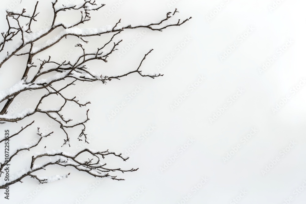 Obraz premium Frost-covered branches with snow against a light blue background, winter nature, frosty morning, seasonal still life, copy space on the left