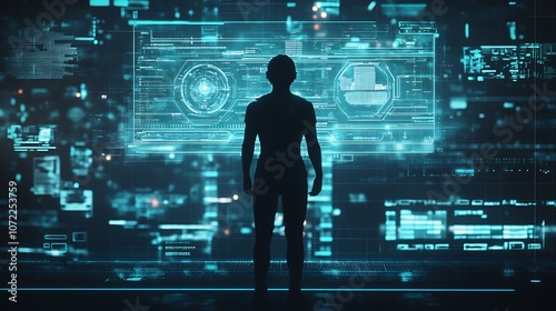 A silhouetted figure stands before a futuristic digital interface filled with holographic data and graphics.