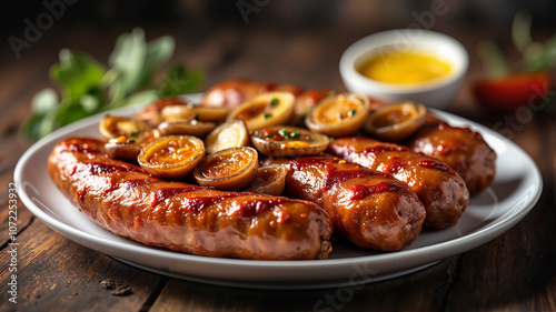 Grilled sausages with caramelized onions on rustic table photo