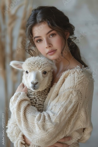 An innocent girl is hugging a lamb photo