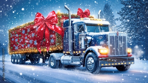 Red truck carrying large Christmas present wrapped in festive paper, driving through snowy landscape, evoking holiday spirit.