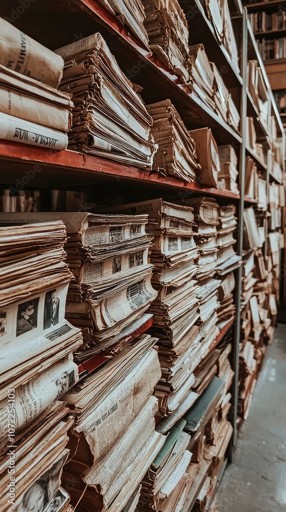 Fototapeta premium Old Newspapers in a Vintage Archive Room