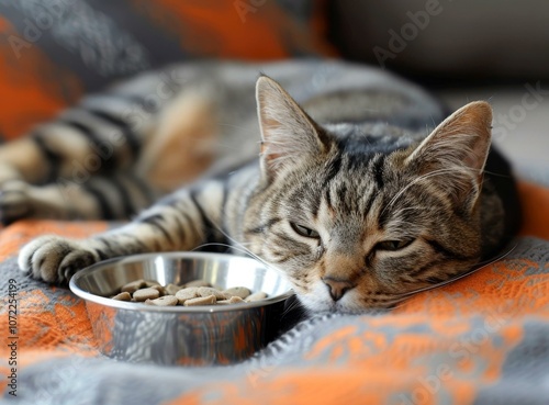 A tabby cat sleeping next to a bowl of food