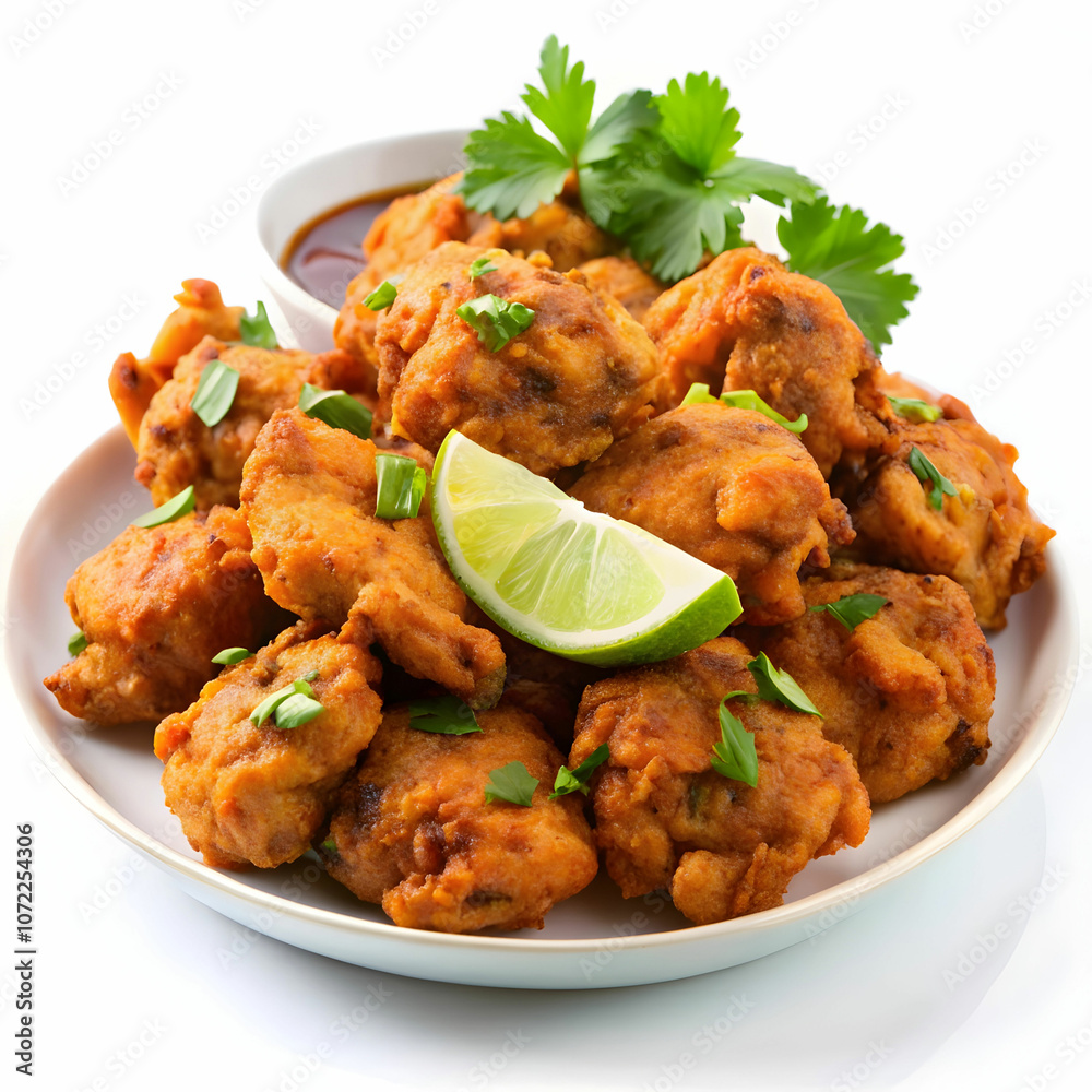 A plate of crispy chicken pakoras, golden-brown fritters made with seasoned chicken, A plate of crispy chicken pakoras, golden-brown fritters made with seasoned chicken,