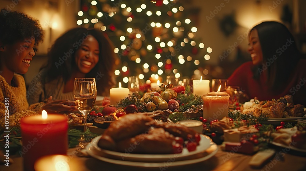Three African American women laughing and enjoying a Christmas dinner with a beautifully decorated table, lit candles, and a Christmas tree in the background.