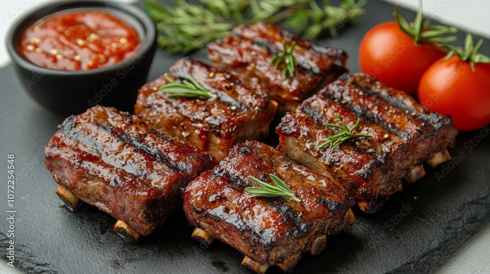 Succulent Grilled Pork Ribs with Garnish, Presented on a White Background Succulent Grilled Pork Ribs with Garnish, Presented on a White Background