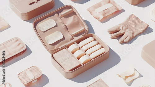 An aesthetic arrangement of skincare essentials in soft pastel hues, featuring a compact case filled with assorted beauty products on a clean surface.