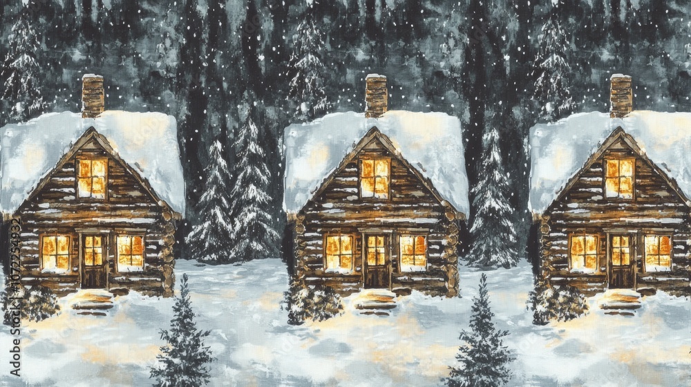 Cozy snowcovered cabin with warm light, surrounded by snowladen trees, evoking winter serenity holiday charm.