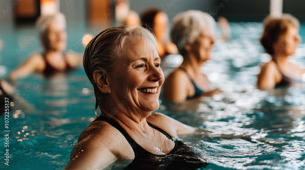 Obraz premium Senior Women Enjoying Aqua Fit Class in Pool, Embracing Healthy Lifestyle